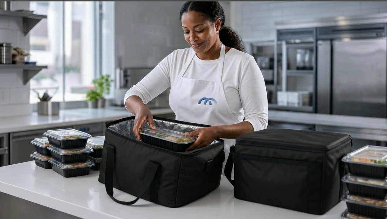 MealCare kitchen staff in branded aprons preparing and labeling fresh meal containers